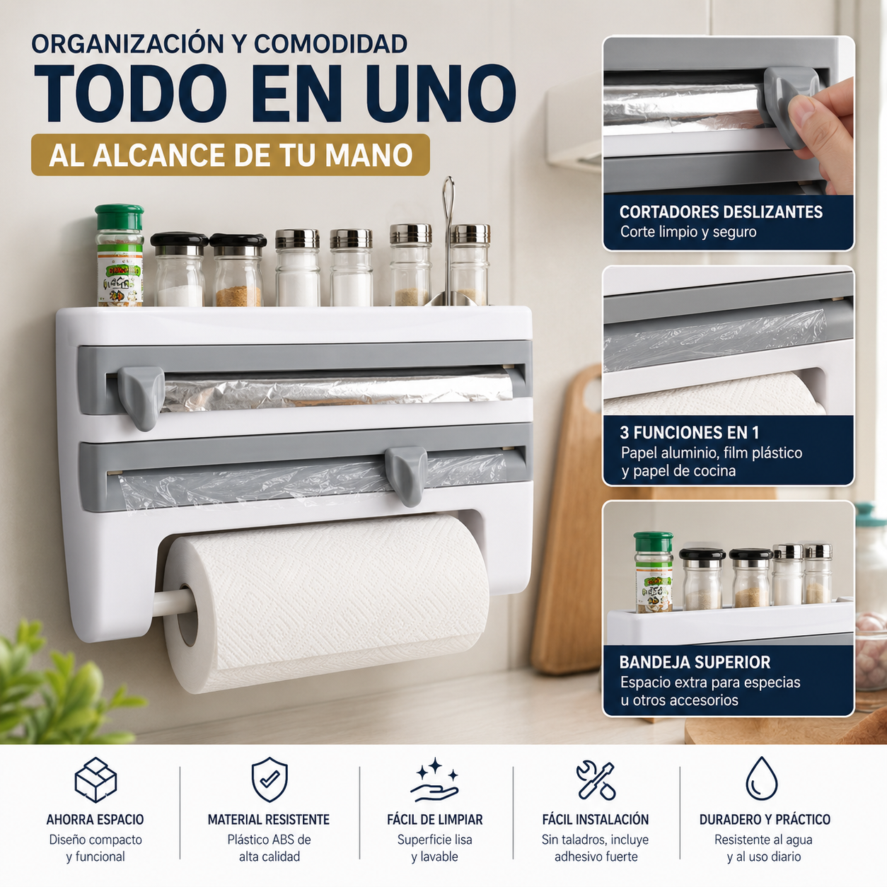 Organizador de Cocina 4 en 1 – Dispensador de Papel, Film y Aluminio con Cortador