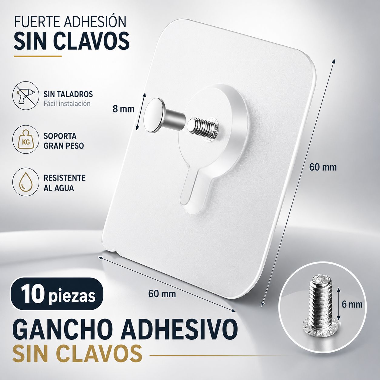 Ganchos Adhesivos Sin Clavos ni Taladro – Pack x10 con Tornillo de Acero