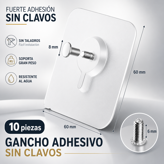 Ganchos Adhesivos Sin Clavos ni Taladro – Pack x10 con Tornillo de Acero