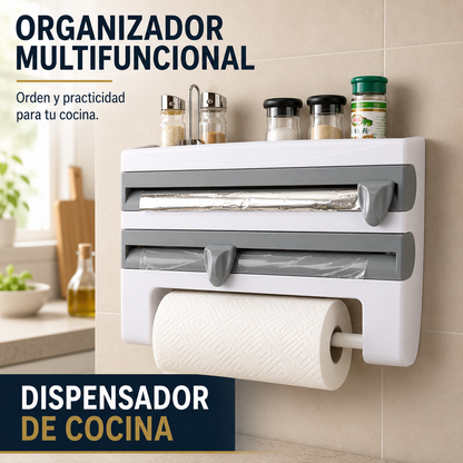 Organizador de Cocina 4 en 1 – Dispensador de Papel, Film y Aluminio con Cortador