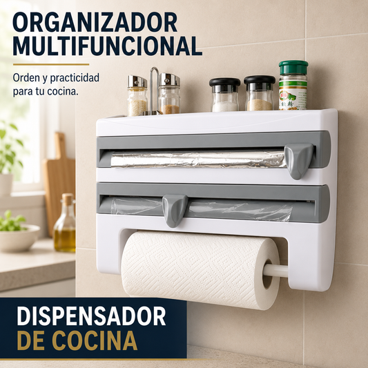 Organizador de Cocina 4 en 1 – Dispensador de Papel, Film y Aluminio con Cortador