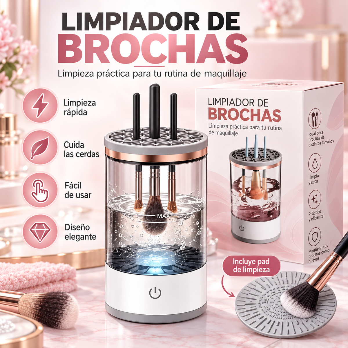 BrushClean Pro – Limpiador Eléctrico de Brochas de Maquillaje