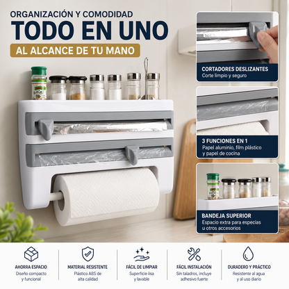 Organizador de Cocina 4 en 1 – Dispensador de Papel, Film y Aluminio con Cortador