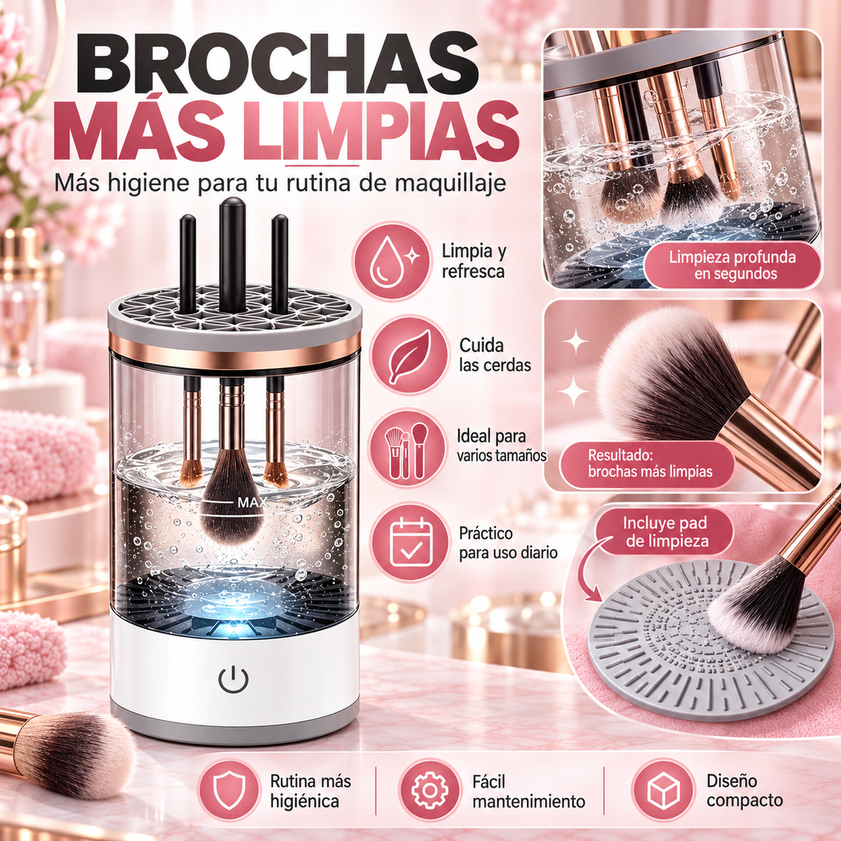 BrushClean Pro – Limpiador Eléctrico de Brochas de Maquillaje