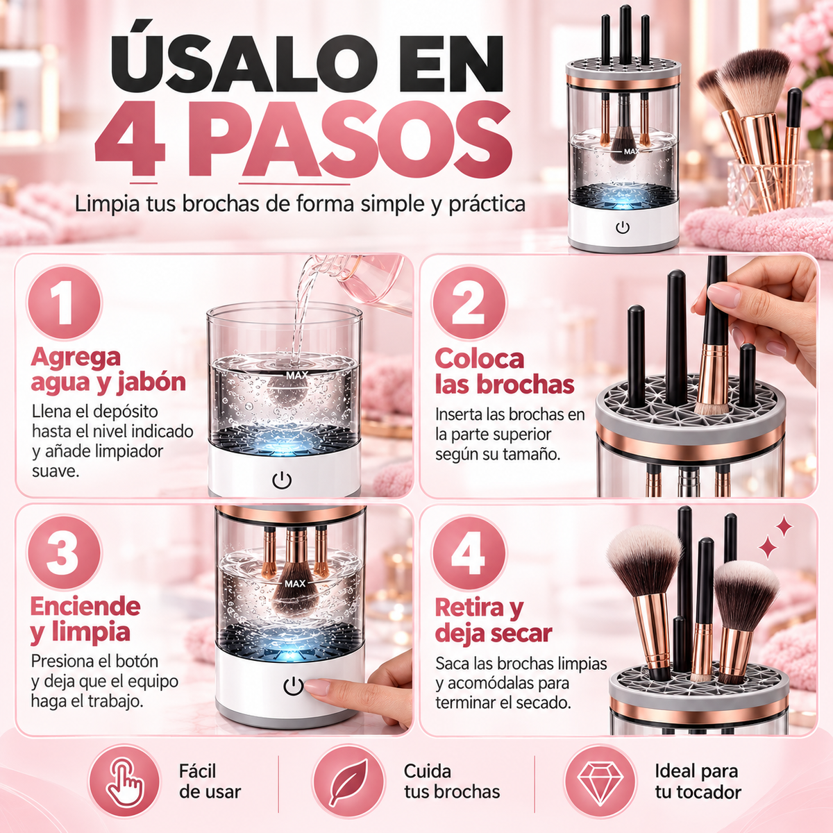 BrushClean Pro – Limpiador Eléctrico de Brochas de Maquillaje